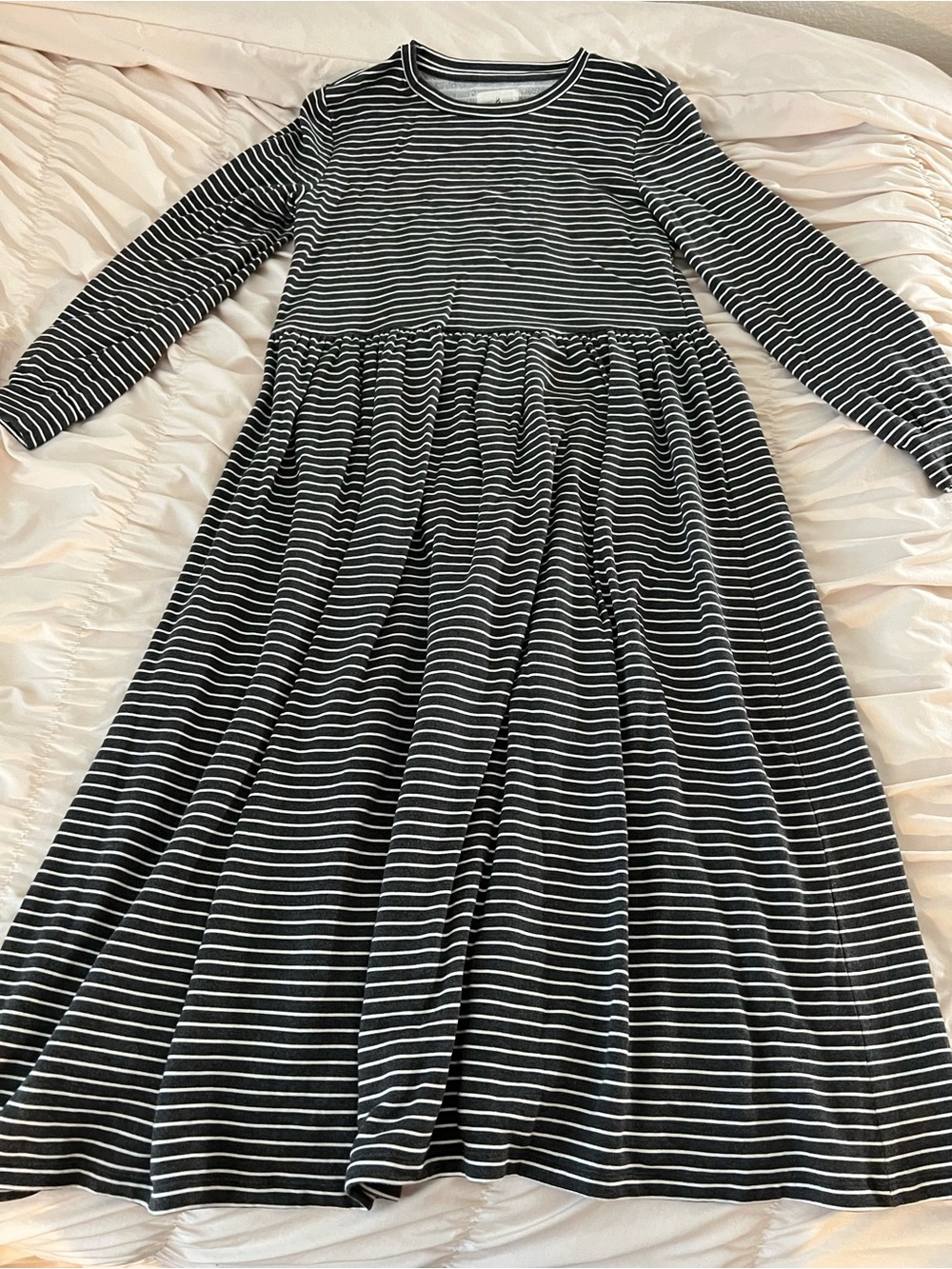 Grey & White Striped Long Sleeve Fit-and-Flare Dress